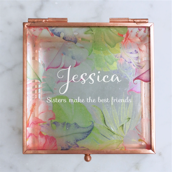 Delightful Script Tropical Rose Gold Glass Jewellery Box