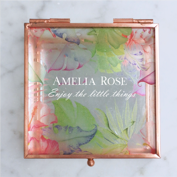 Elegant Script Tropical Rose Gold Glass Jewellery Box