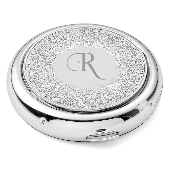 Initial Silver Floral Compact Mirror