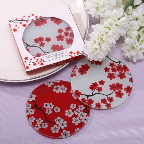 Red Cherry Blossom Coasters Favors