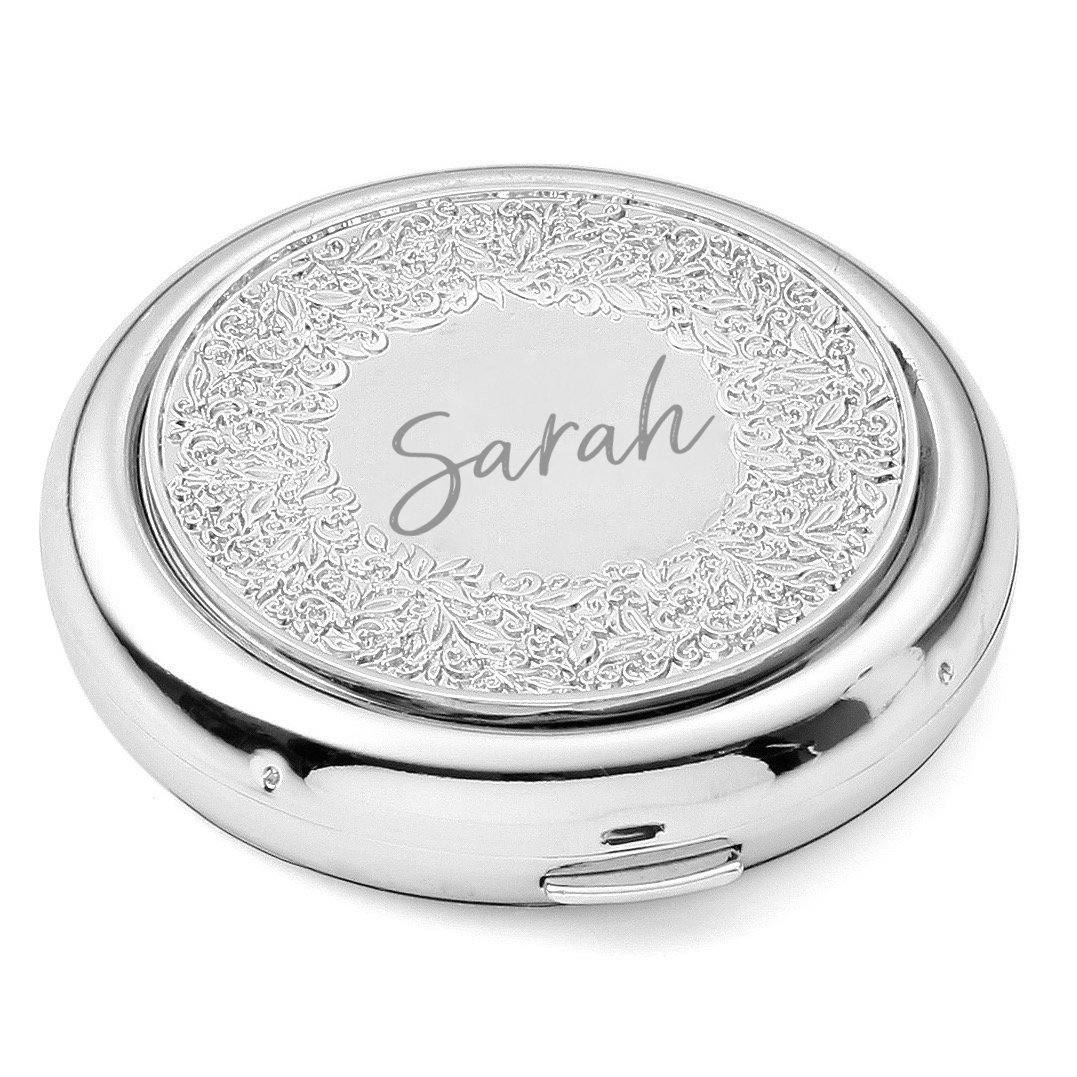 Name Silver Floral Compact Mirror