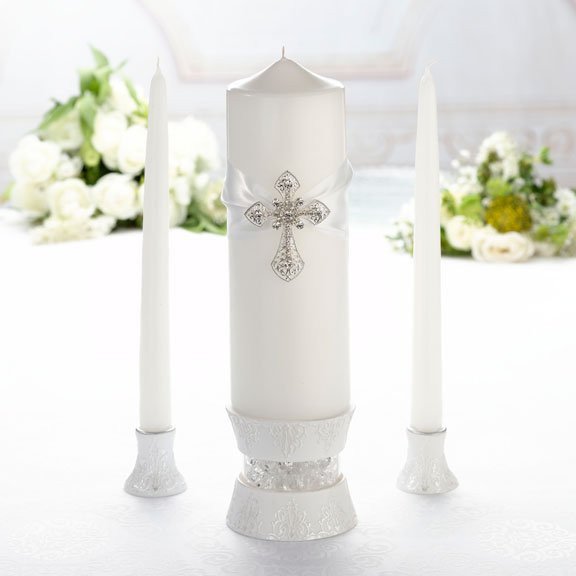 Silver White Cross Unity Candle Set