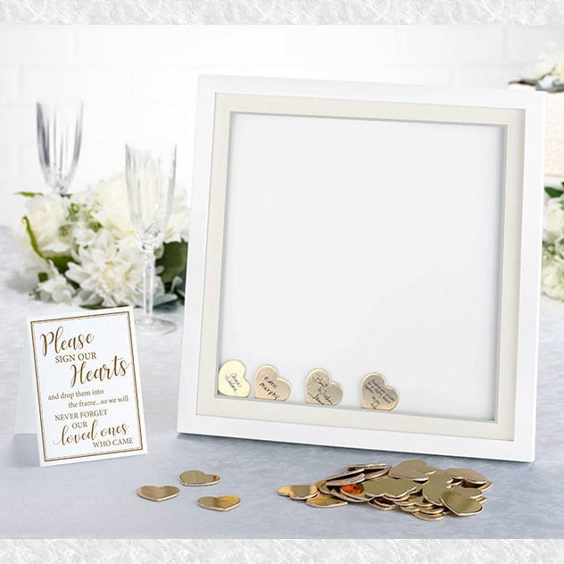 White Signing Frame Guestbook with Gold Hearts